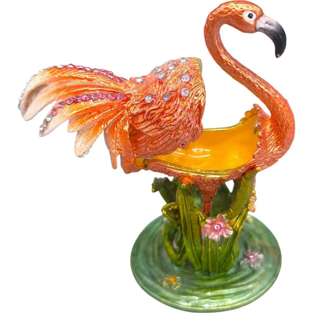 Pink Flamingo Jewelry Trinket Box Hinged Magnetic Clasp Enamel Crystal Jewels 4